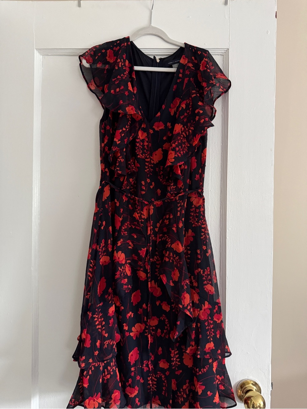 Tommy Hilfiger Black Midi Dress with Red Floral Print